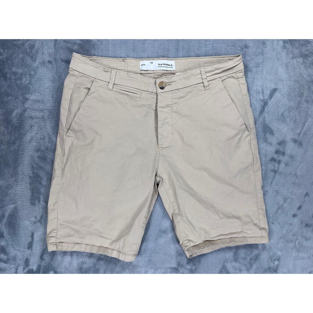 YoungLA 2014 Chino Shorts Mens 34 Tan Khaki Cotton Stretch Casual Gym Lifestyle